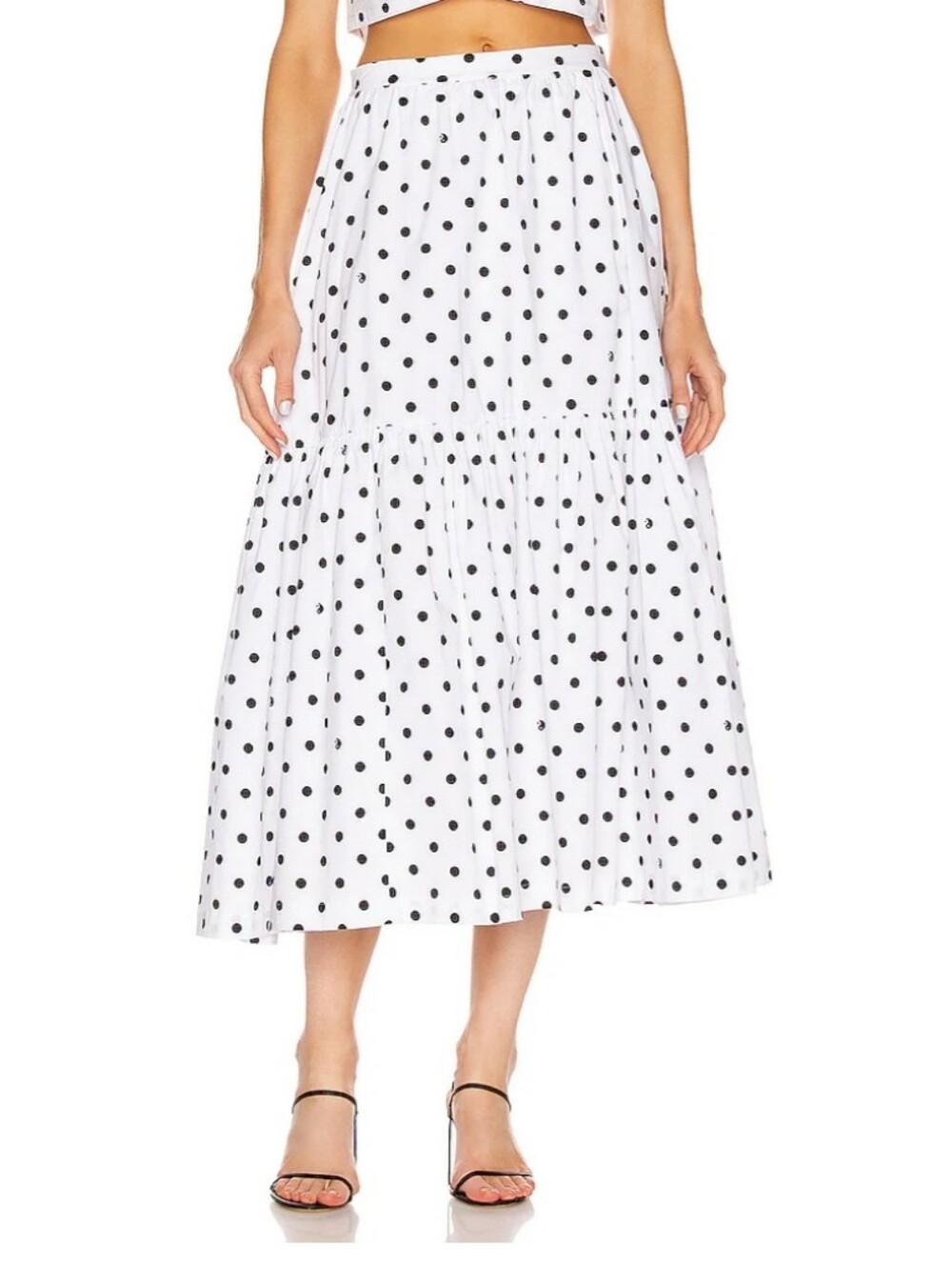 STAUD Orchid Polka Dots Tiered Midi Skirt - White And Black 4